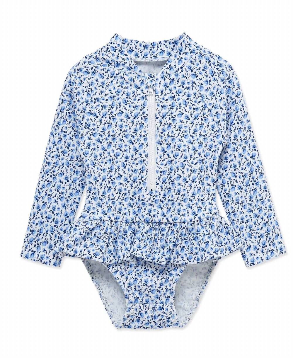 NEW LITTLE ME baby girl's floral upf 50+ one-piece rashguard in blue